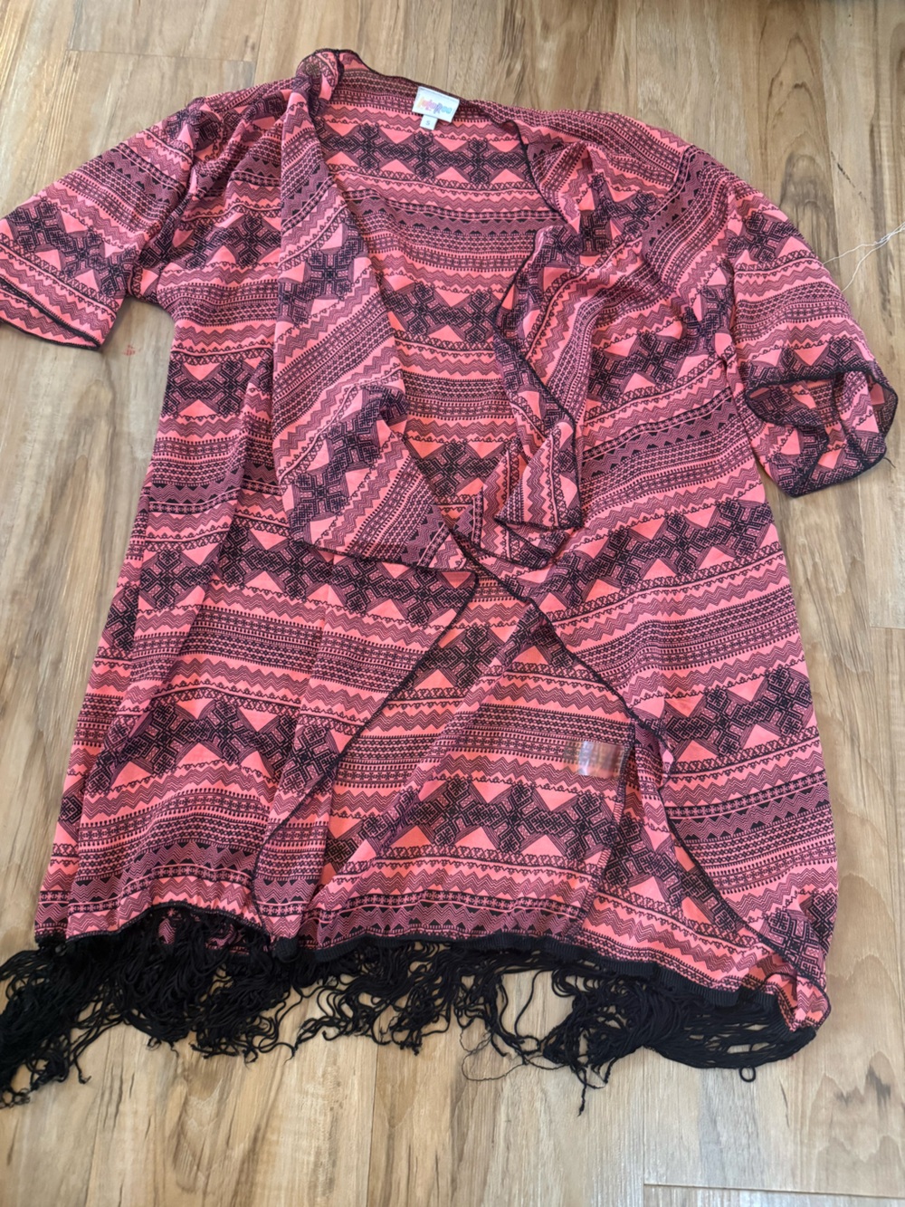 Women's Coral Pink Patterned Fringe Kimono Cardigan